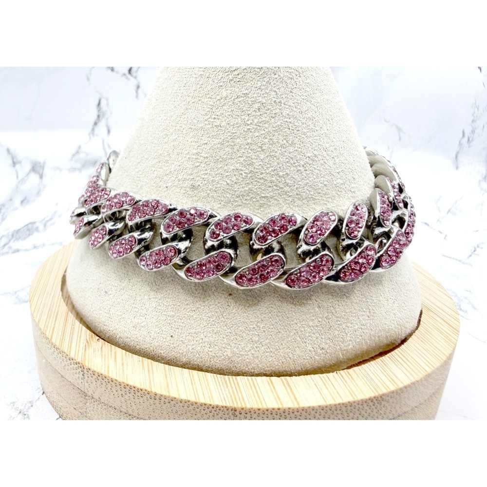 Pink Glass Rhinestone Chunky Curb Link Bracelet Silver Tone Safety Clasp 8 Inch